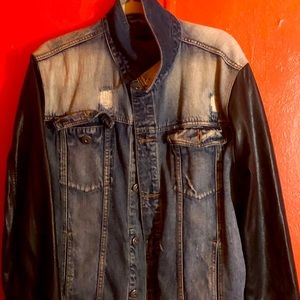 Black leather sleeve acid washed jean jacket